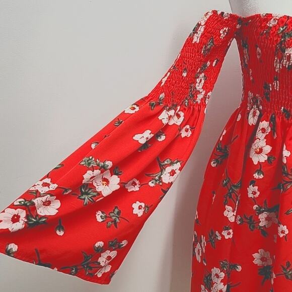 Red Floral Off the Shoulder Mini Dress Belled Sleeves Elastic Top  Size L - Picture 3 of 10